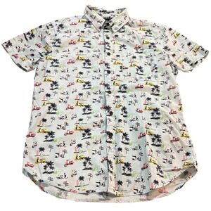 21 MEN Mens L Light Blue Tropical Scooter Palm Tree Hawaiian Button Down Shirt